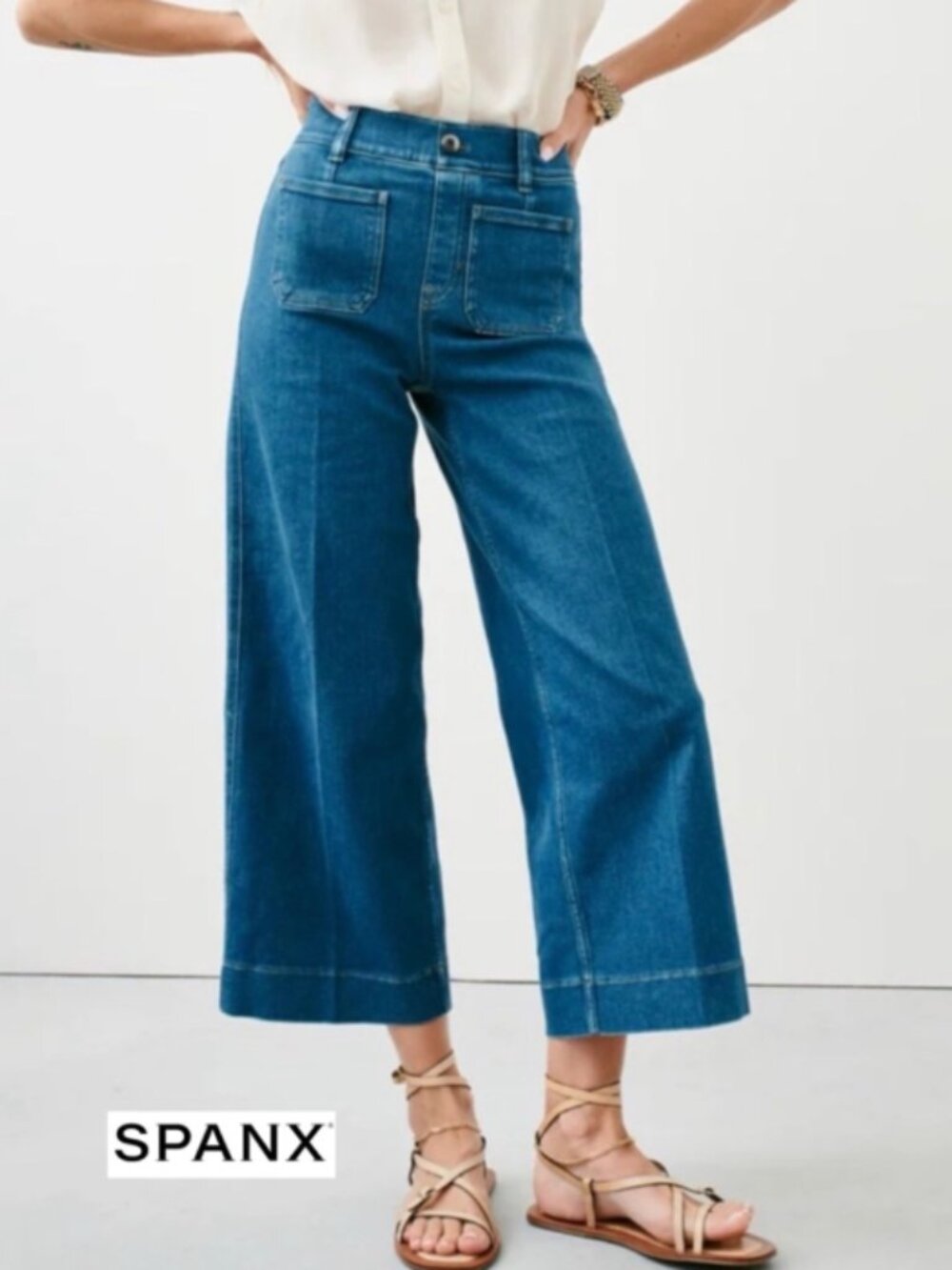 SPANX EveryWear Cropped Wide Leg Patch Pocket Jeans Medium Petite